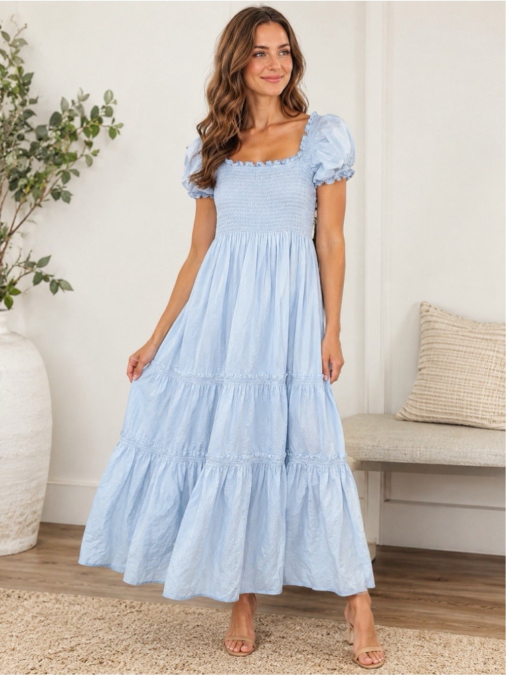 O.P.T. Daphne Smocked Maxi Dress M Blue Tiered Cottage Peasant Boho Cotton